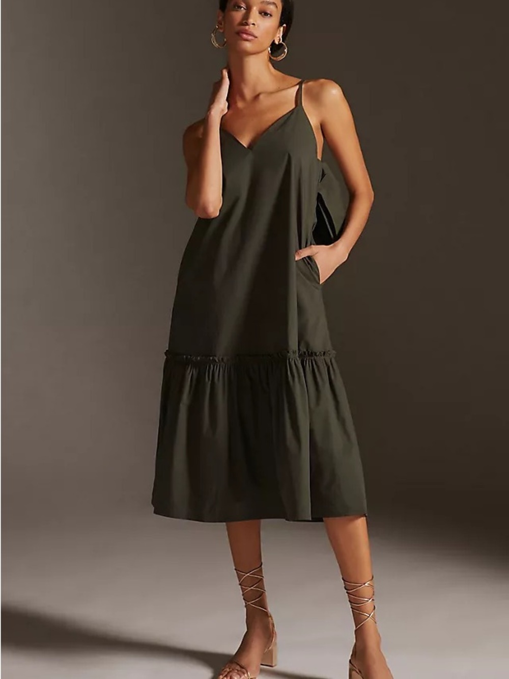 Blue Tassel V-Neck Bow-Back Midi Dress - Olive Green Tiered (Anthropology)